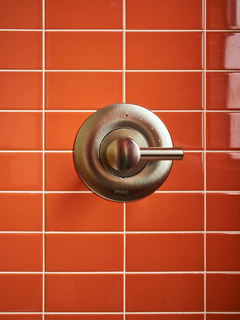 A stainless steel shower handle mounted on a red tiled wall. A stainless steel shower handle mounted on a red tiled wall.