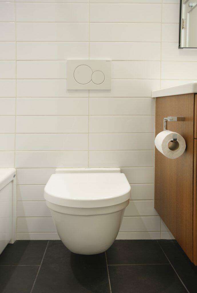 Modern bathroom with a wall-mounted toilet, toilet paper holder attached to a wooden cabinet, and white tile walls.