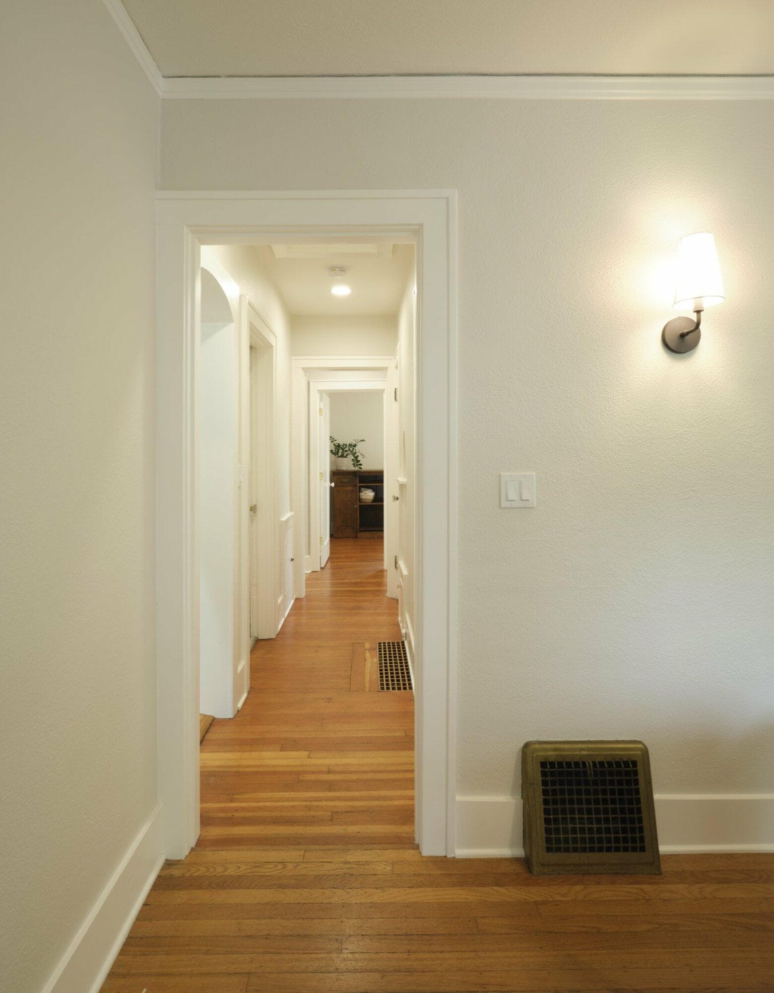 A hallway with wooden flooring, white walls, and a light fixture on the right wall. Multiple doors are along the sides, leading to other rooms, and the hallway leads to a room with a plant.