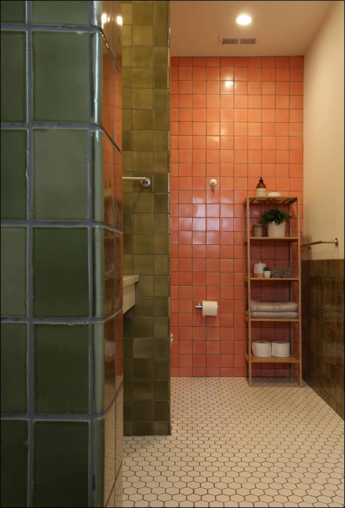Bathroom with green and pink tiled walls, hexagonal floor tiles, a towel rack with toiletries and potted plant, shower area, and toilet paper holder. Bathroom with green and pink tiled walls, hexagonal floor tiles, a towel rack with toiletries and potted plant, shower area, and toilet paper holder.
