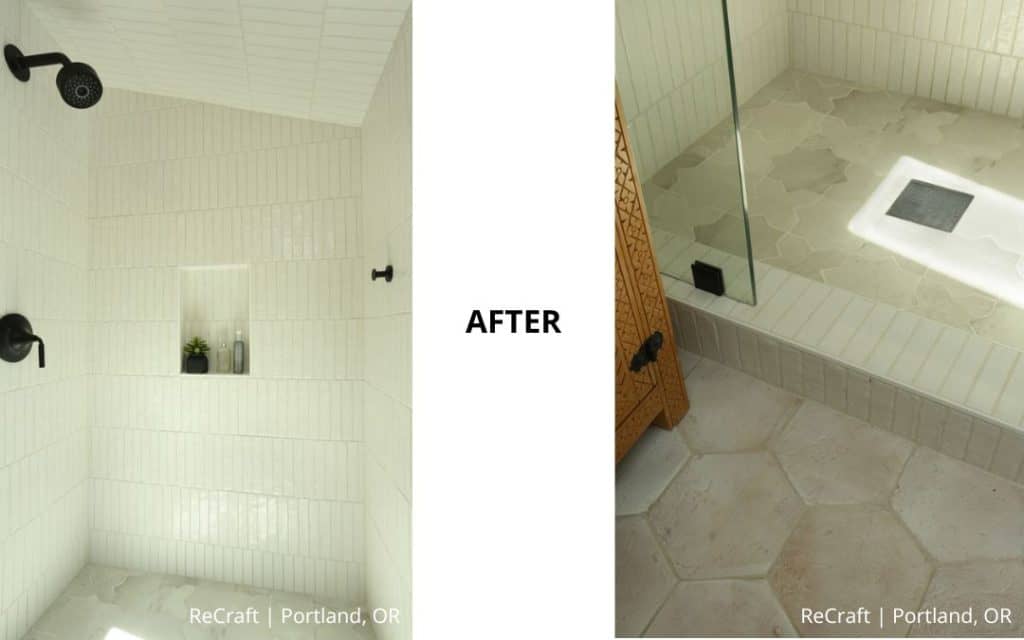 Two views of an award-winning remodel shower featuring white tile walls, black fixtures, built-in shelf, glass door, and hexagonal light-colored floor tiles. Text reads "AFTER" and "ReCraft | Portland, OR".