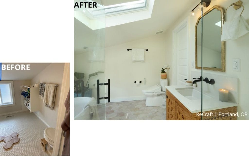 Before-and-after photos showcase an award-winning remodel; the old bathroom is plain with shelves, while the updated space features a glass shower, modern vanity, and new lighting—a stunning transformation recognized by NARI.