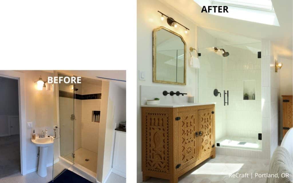 Side-by-side comparison of a bathroom before and after an award-winning remodel, showing a modernized shower, new lighting, and updated vanity in the after photo.
