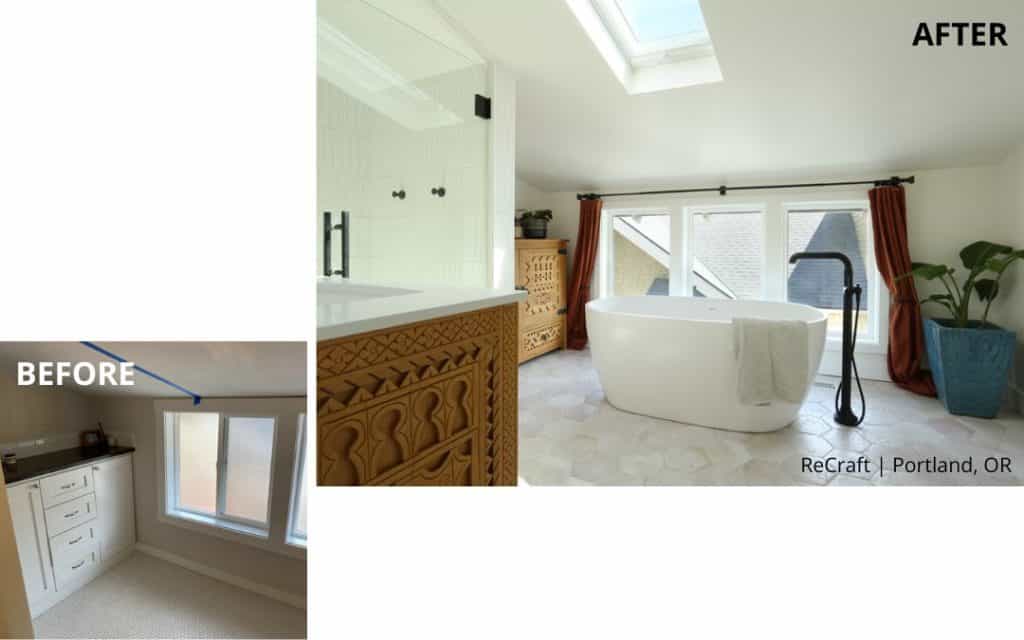 Before and after of a bathroom remodel: this residential bathroom remodel transforms a small, plain space into a larger, bright room with a freestanding tub, skylight, and updated decor by the remodeler of the year.