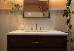 A bathroom sink with a marble countertop, brass faucet, lit candle, bar of soap, mirror, and hanging plants against a pale paneled wall.