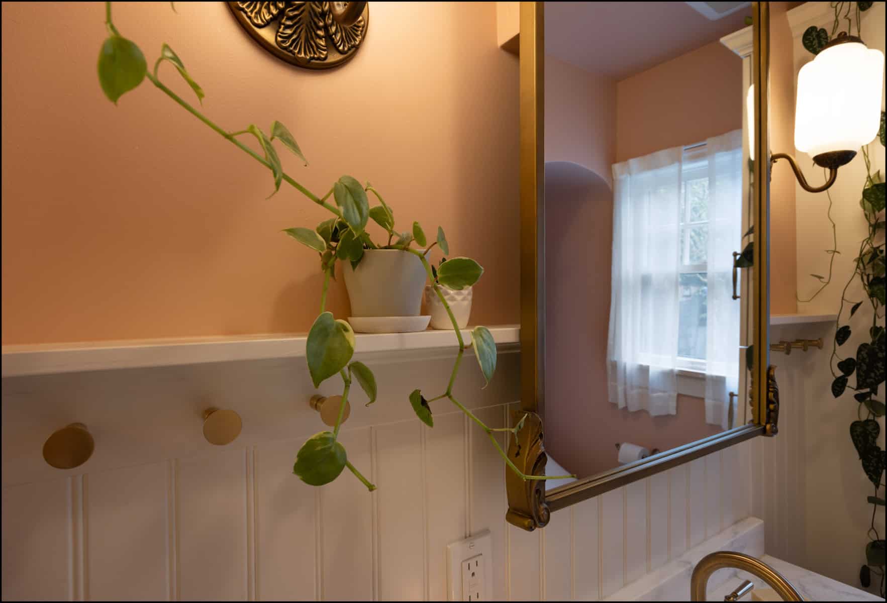 A potted vine plant sits on a white bathroom shelf beside a mirror, with light pink walls and a window in the background.