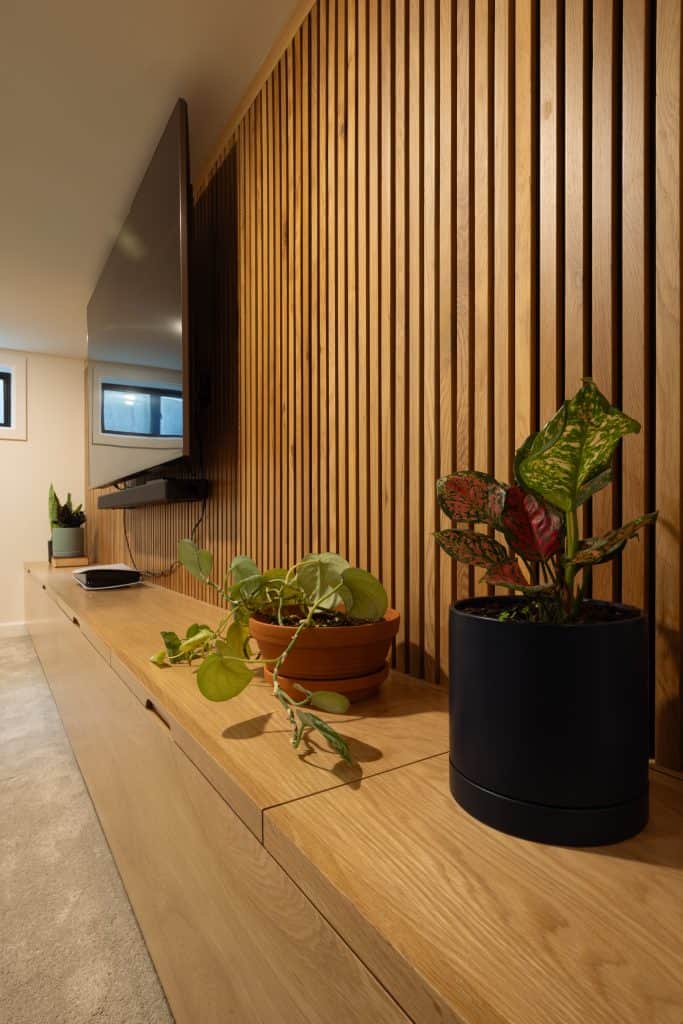 Modern basement remodeling with wooden accent wall, flat-screen TV, and decorative plants in Portland, Oregon.