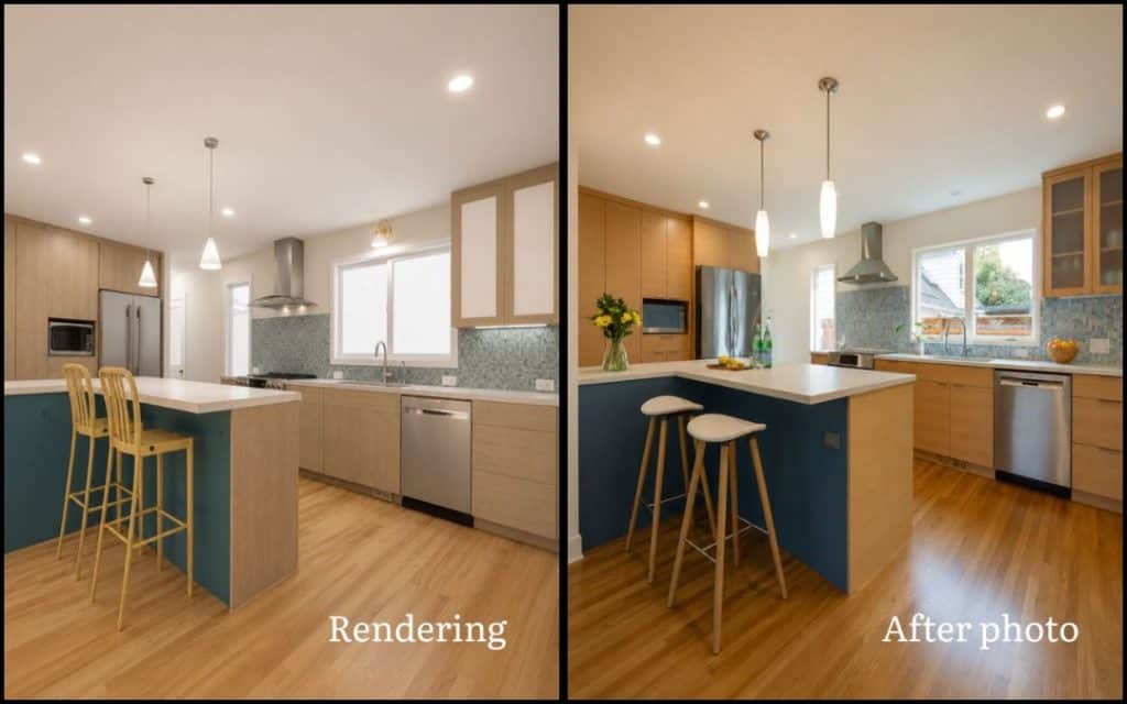 Side-by-side comparison of a kitchen rendering and the completed kitchen, both featuring wood cabinets, blue island, and modern lighting—an inspiring showcase of remodeling kitchen design for those seeking fresh kitchen design ideas.