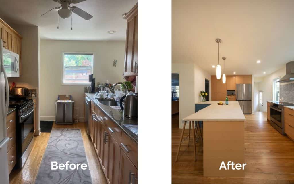 Side-by-side comparison of a small, cluttered kitchen labeled “Before” and a modern, spacious kitchen with an island labeled “After,” showcasing inspiring kitchen remodel ideas and innovative kitchen design.