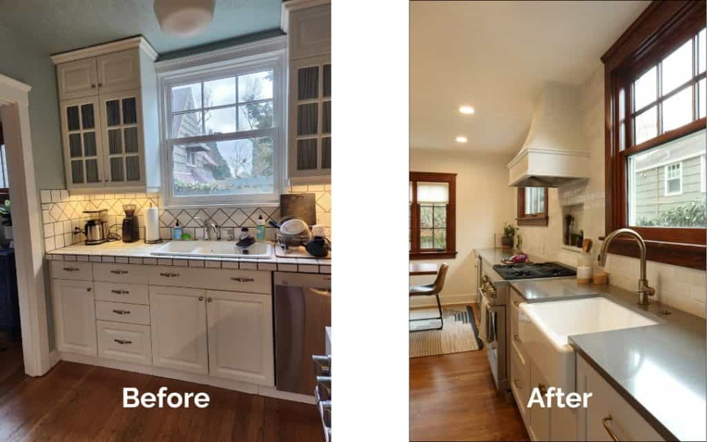 Side-by-side photos show a kitchen before and after renovation; the updated kitchen features new cabinets, counters, a farmhouse sink, and modern appliances—showcasing inspiring kitchen design ideas for anyone considering remodeling their kitchen.