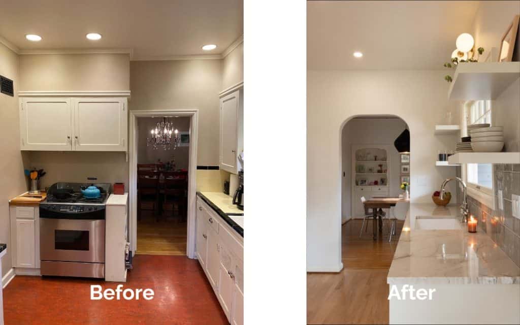 Side-by-side before and after photos showcase inspiring kitchen remodel ideas; the “before” image shows closed cabinets, while the “after” image highlights open shelving and a brighter, modern kitchen design.