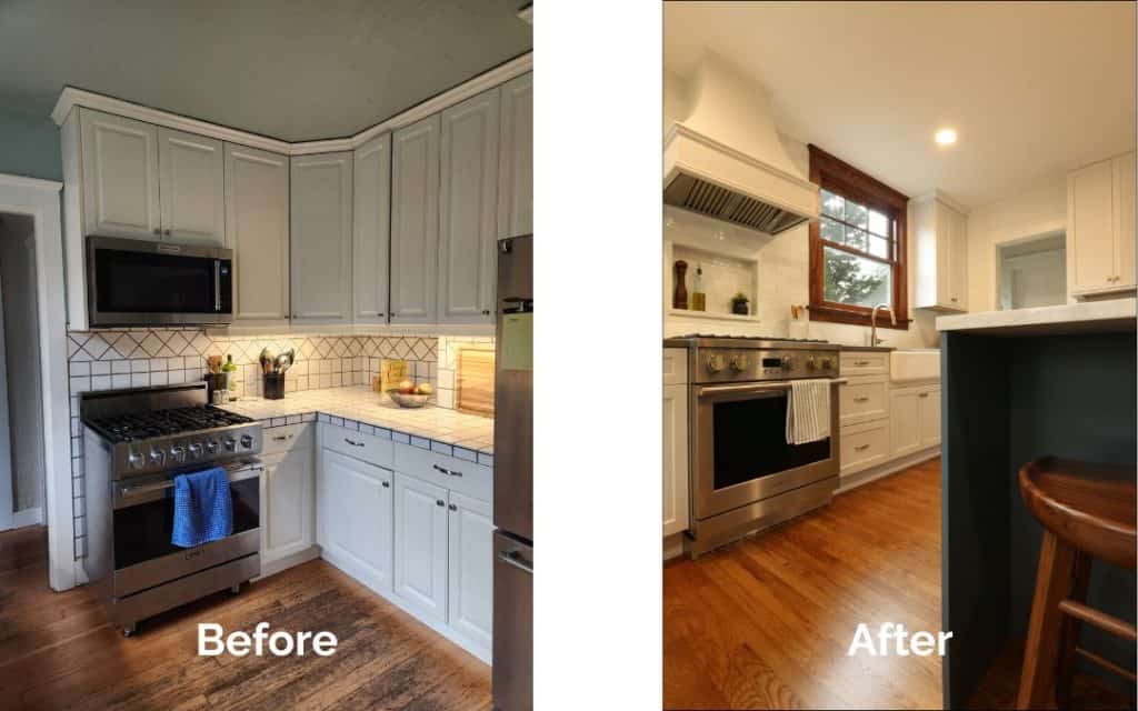 Side-by-side images show a kitchen before and after renovation; the updated kitchen features new appliances, lighting, and countertops that highlight the impact of thoughtful kitchen remodeling.