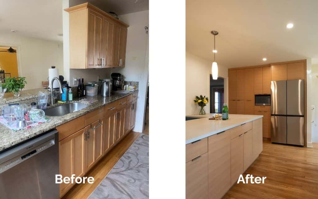 Side-by-side comparison of a kitchen before and after renovation, showcasing inspiring kitchen remodel ideas with updated cabinets, appliances, and lighting in the “after” image.